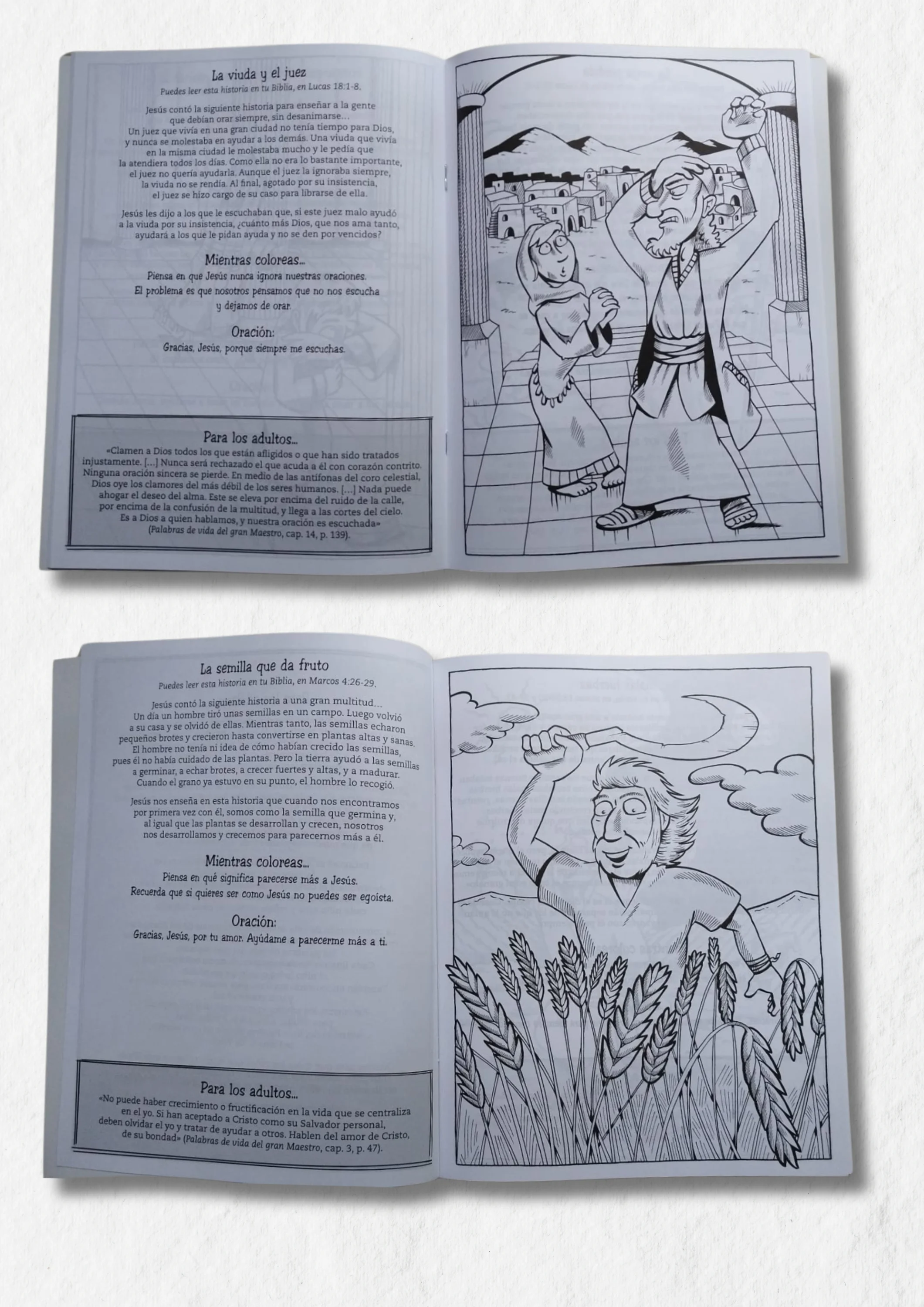 Palabras de vida del gran Maestro para colorear A los niños les encantará aprender las historias que contó Jesús en los Evangelios, mientras colorean las ilustraciones de este libro. Cada imagen se centra en una parábola con un texto bíblico, una descripción sencilla de la historia en lenguaje actual, así como una reflexión y una oración. Además, los adultos encontrarán una cita especial para ayudara los niños a reflexionar, extraída del libro Palabras de Vida del Gran Maestro, de Elena G. de White. Con este librito, ¡toda la familia será abundantemente bendecida mientras aprenden juntos del gran Maestro!