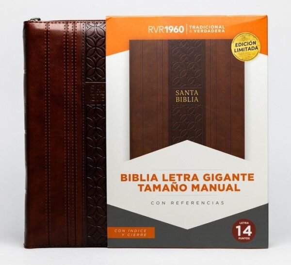 Biblia Tamaño Manual Letra Gigante con Índice y Cierre – Marrón Símil Piel